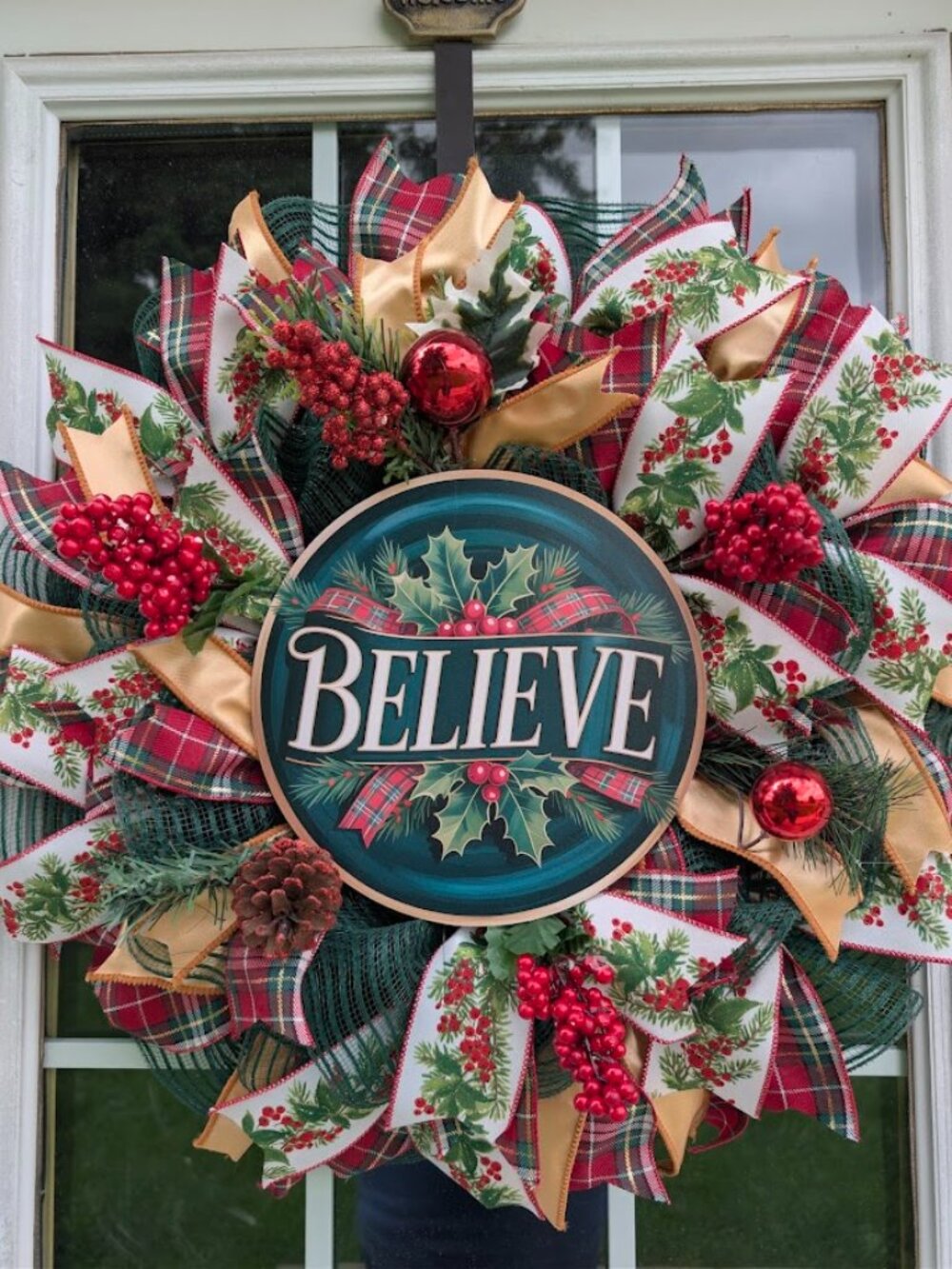 Believe Christmas Wreath Holiday Decor Red Green Plaid Berries